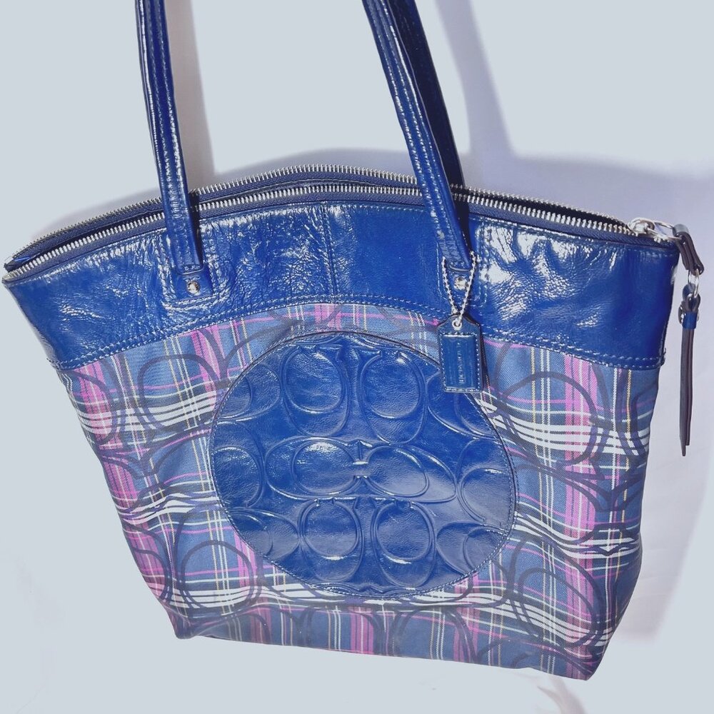 Coach Tote-Plaid-Navy Blue/Pink Mix-G1273-F20109-Large Purse-1 Zip Closure-Light - Picture 2 of 16